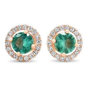 AIG Certified 1.05ct Natural Emerald & 0.30ct Diamond Earrings - 14K Rose Gold